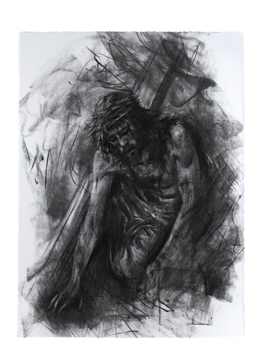 Collapse Under The Weight Of The Cross | Original Drawing - Mad Charcoal